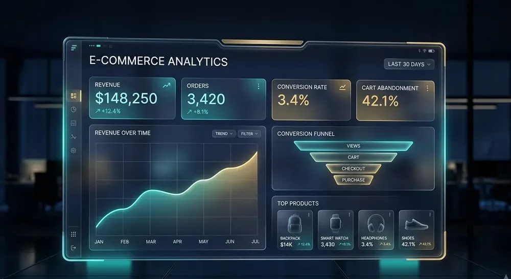 An e-commerce analytics dashboard showing revenue, orders, conversion rate and cart abandonment