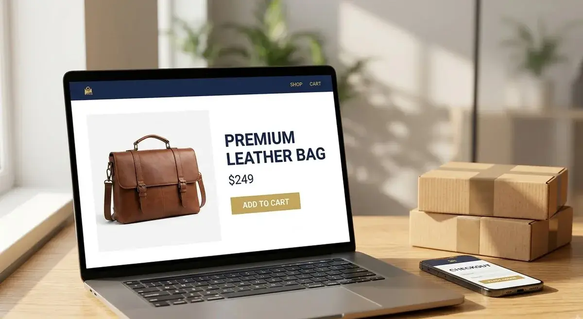 An online store product page open on a laptop beside packed orders ready to ship