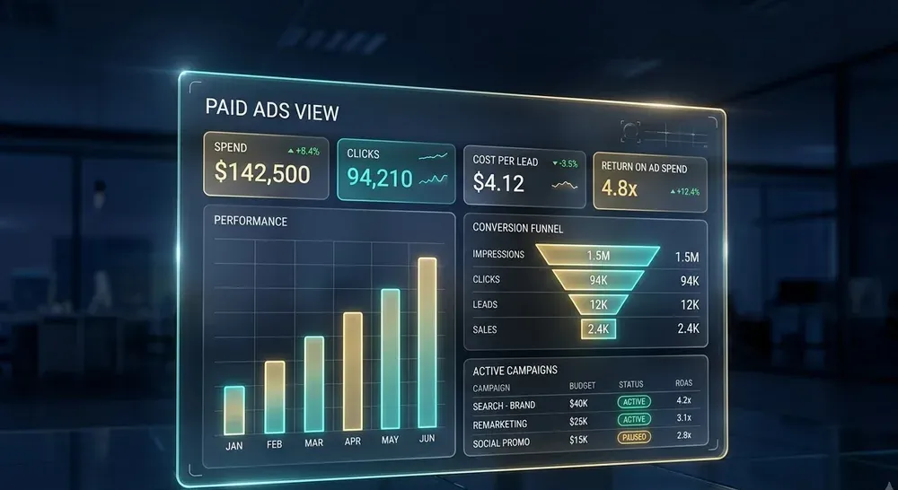 A paid ads dashboard showing spend, clicks, cost per lead and return on ad spend