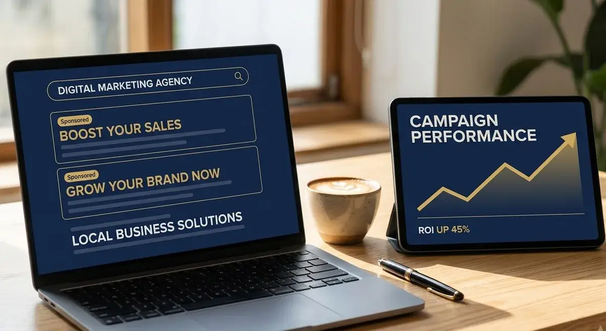 Sponsored search ads on a laptop beside a tablet showing a rising campaign performance chart