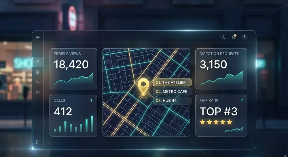 A local search dashboard showing profile views, calls, direction requests and a top three map rank
