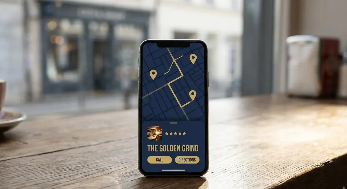 A Google Business Profile map listing with call and directions buttons on a phone resting on a cafe counter