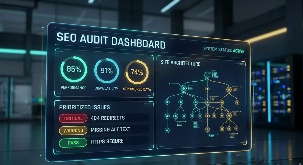 An SEO audit dashboard scoring performance, crawlability and structured data alongside prioritised issues