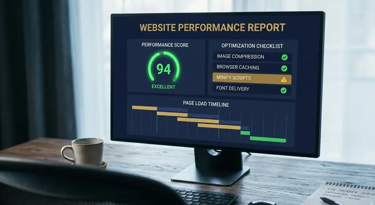A website performance report on a desktop monitor showing a score of 94 and an optimisation checklist
