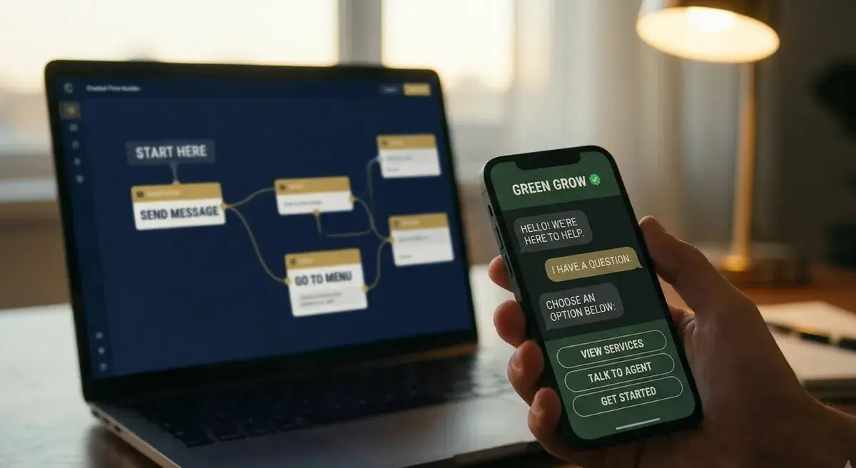 A WhatsApp chat with quick-reply buttons open on a phone, next to the chatbot flow that drives it on a laptop